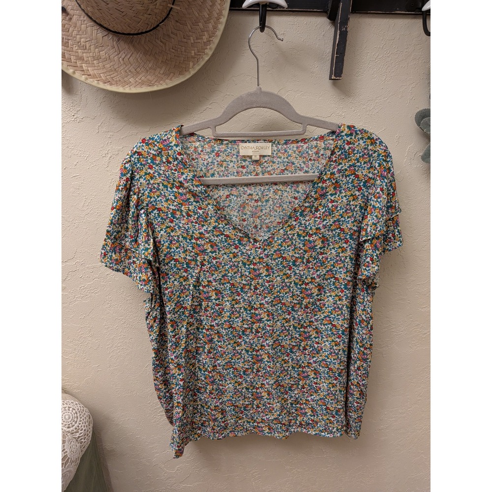 Cynthia Rowley Woman Floral Print Ruffle Sleeve‎ V Neck Top Size 1X